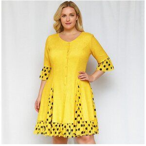 Jerry T Womens Stretchy Yellow shirt Dress size 2X NWT polka dot fringe trim